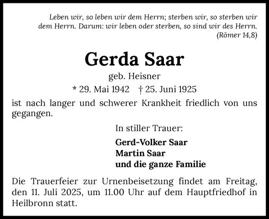Traueranzeige von Gerda Saar von GESAMT