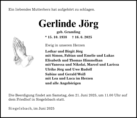 Traueranzeige von Gerlinde Jörg von GESAMT