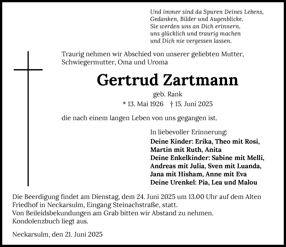  Traueranzeige für Gertrud Zartmann vom 21.06.2025 aus GESAMT