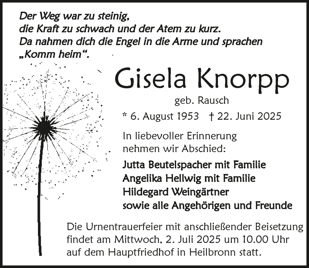  Traueranzeige für Gisela Knorpp vom 28.06.2025 aus GESAMT