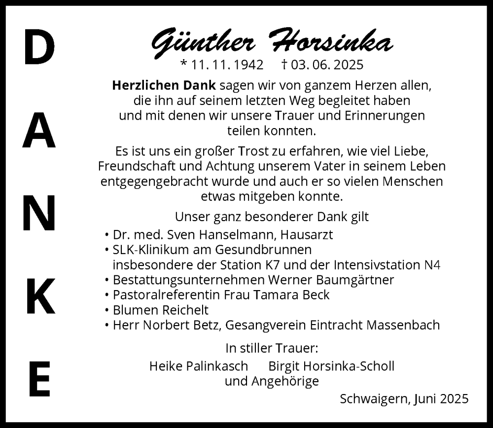  Traueranzeige für Günther Horsinka vom 21.06.2025 aus GESAMT