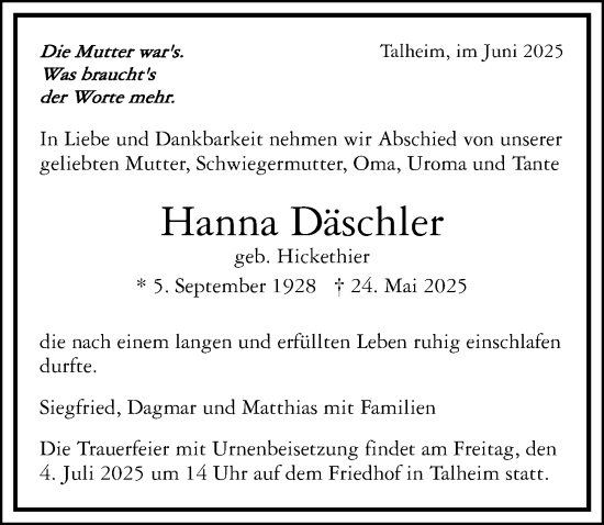 Traueranzeige von Hanna Däschler von GESAMT