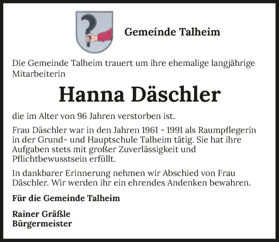 Traueranzeige von Hanna Däschler von GESAMT