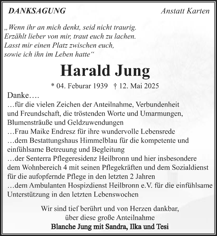  Traueranzeige für Harald Jung vom 07.06.2025 aus GESAMT