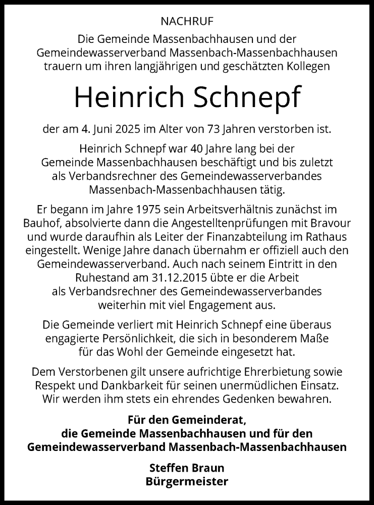  Traueranzeige für Heinrich Schnepf vom 07.06.2025 aus GESAMT