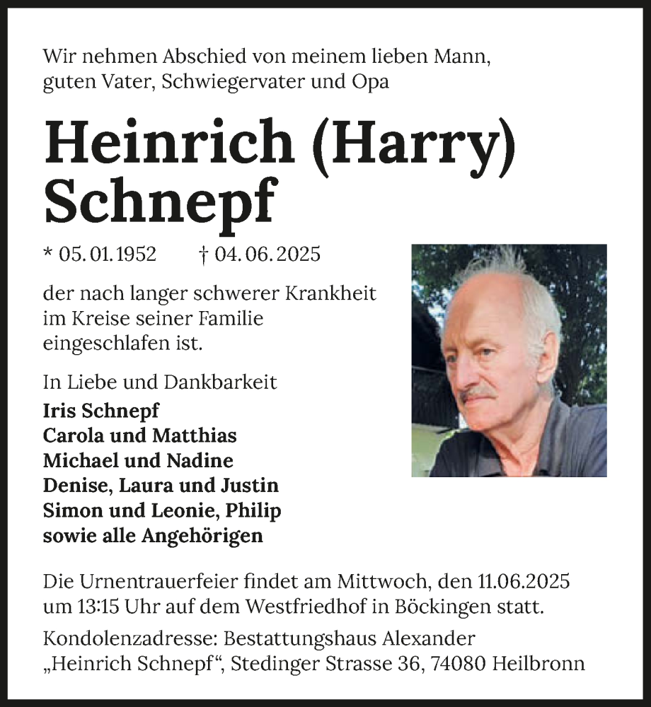  Traueranzeige für Heinrich Schnepf vom 07.06.2025 aus GESAMT