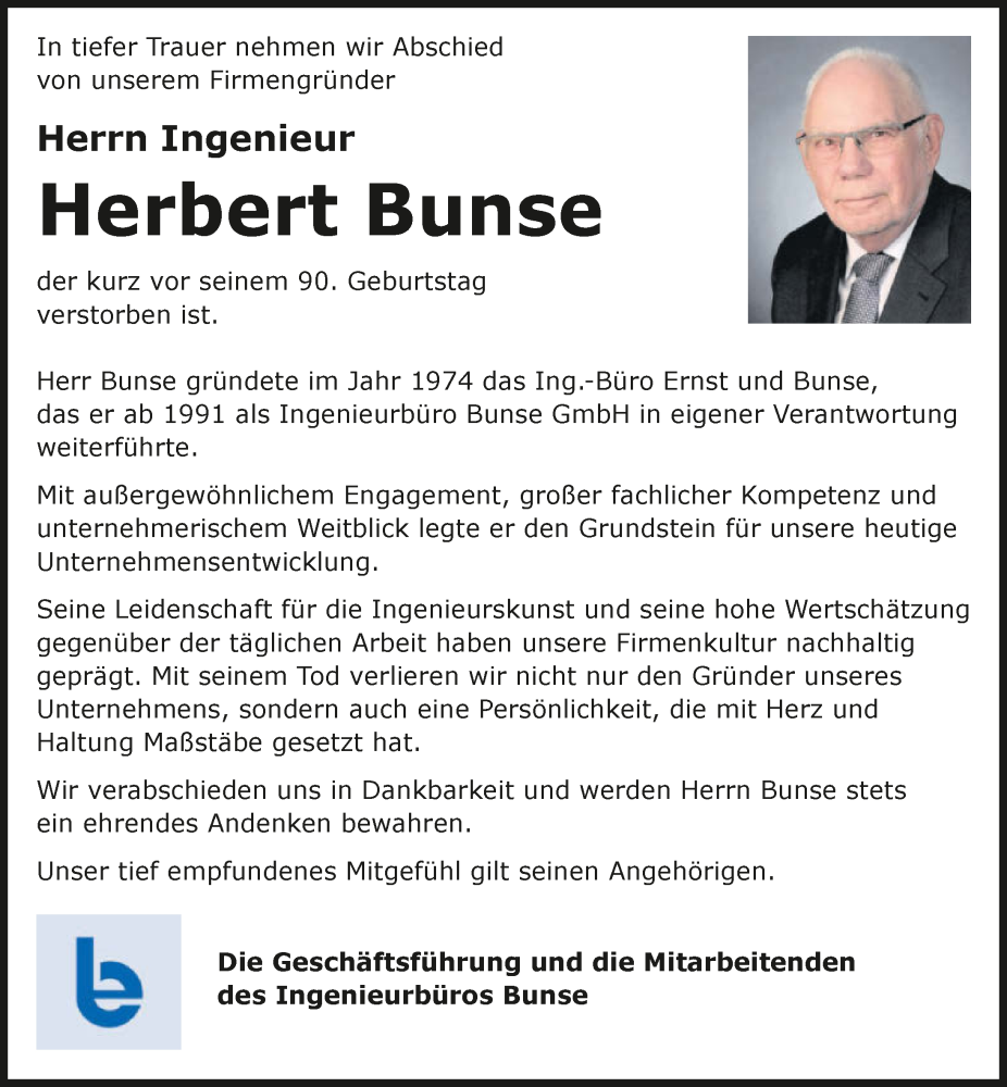  Traueranzeige für Herbert Bunse vom 21.06.2025 aus GESAMT