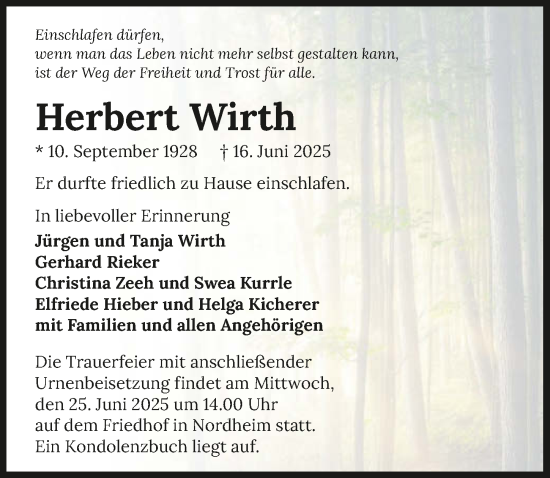 Traueranzeige von Herbert Wirth von GESAMT