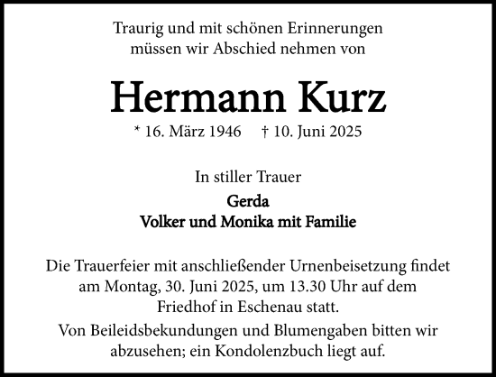 Traueranzeige von Hermann Kurz von GESAMT