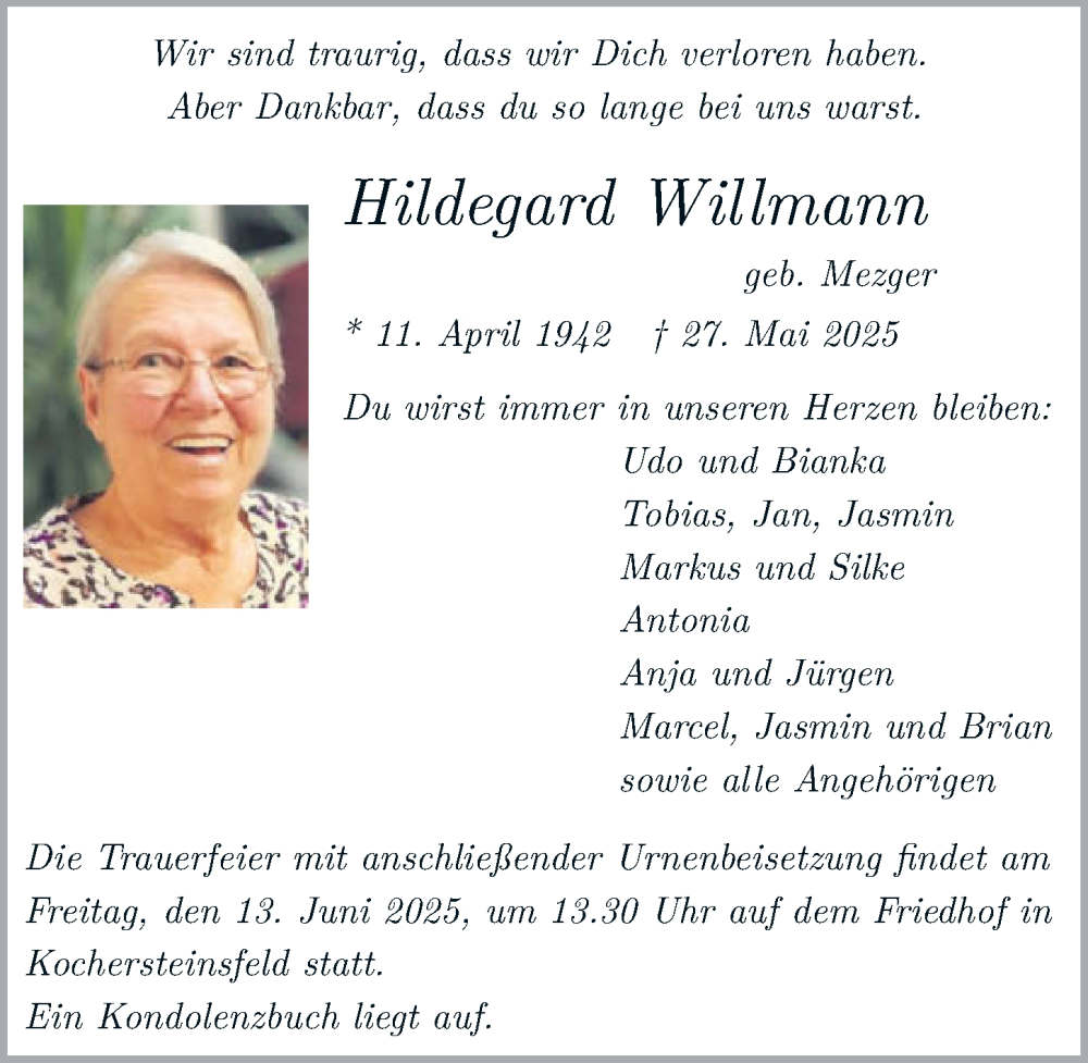  Traueranzeige für Hildegard Willmann vom 07.06.2025 aus GESAMT