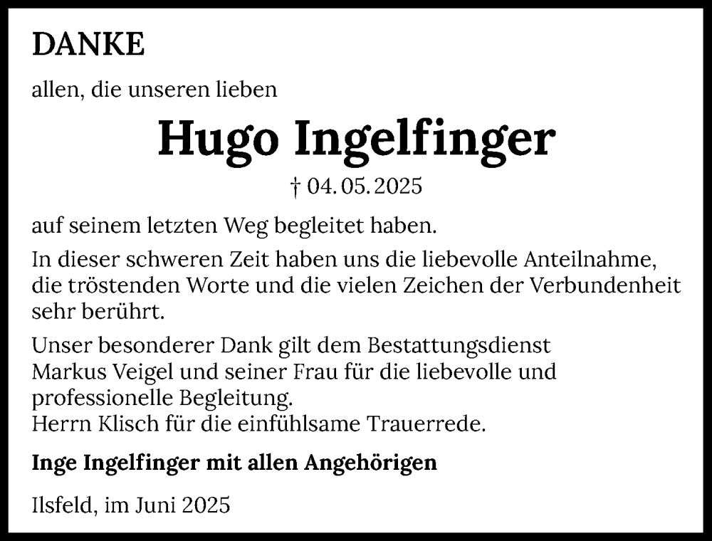  Traueranzeige für Hugo Ingelfinger vom 21.06.2025 aus GESAMT