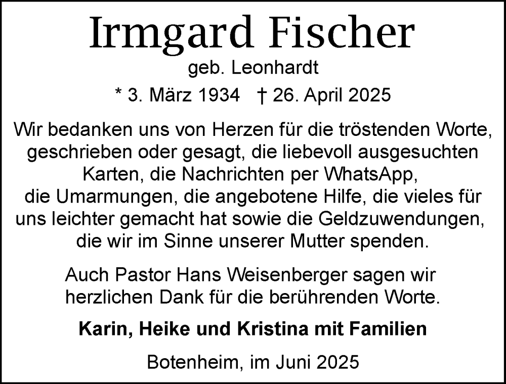  Traueranzeige für Irmgard Fischer vom 07.06.2025 aus GESAMT
