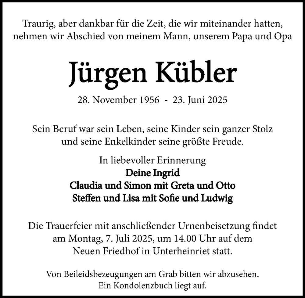  Traueranzeige für Jürgen Kübler vom 28.06.2025 aus GESAMT