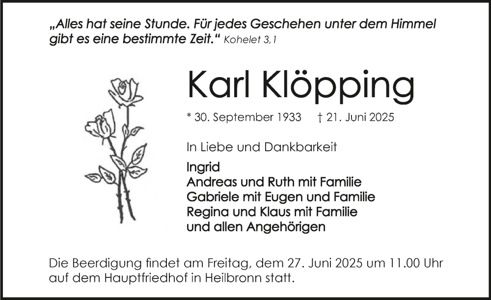  Traueranzeige für Karl Klöpping vom 25.06.2025 aus GESAMT