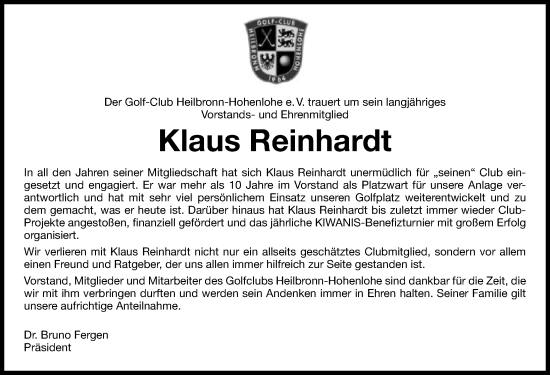 Traueranzeige von Klaus Reinhardt von GESAMT