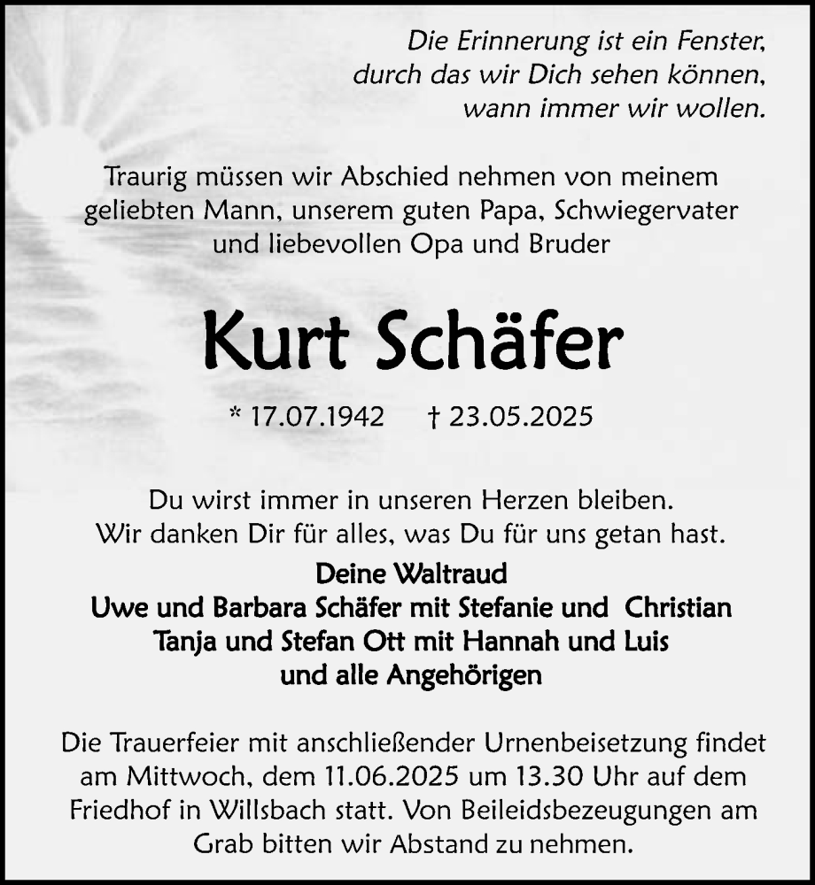  Traueranzeige für Kurt Schäfer vom 04.06.2025 aus GESAMT
