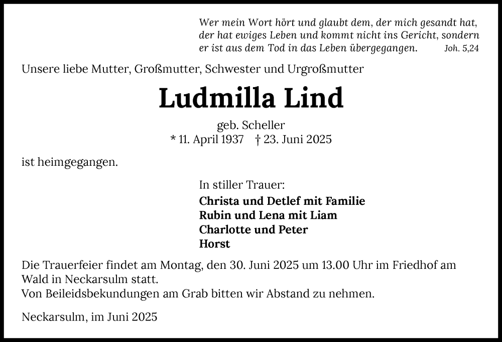 Traueranzeige für Ludmilla Lind vom 28.06.2025 aus GESAMT