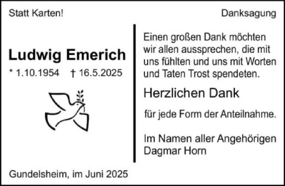  Traueranzeige für Ludwig Emerich vom 07.06.2025 aus GESAMT