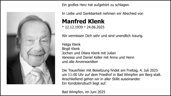Traueranzeige von Manfred Klenk von GESAMT