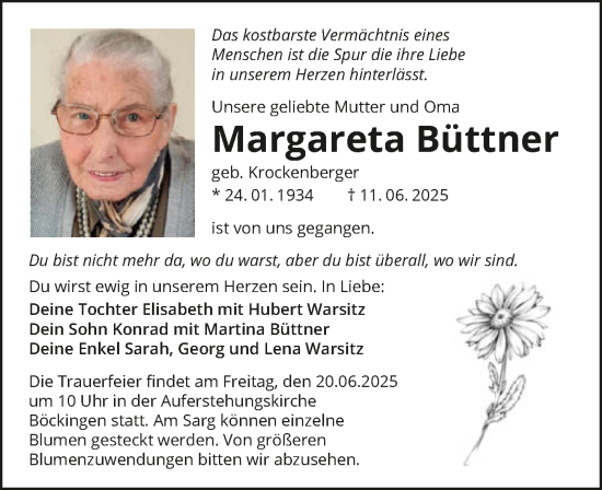Traueranzeige von Margareta Büttner von GESAMT