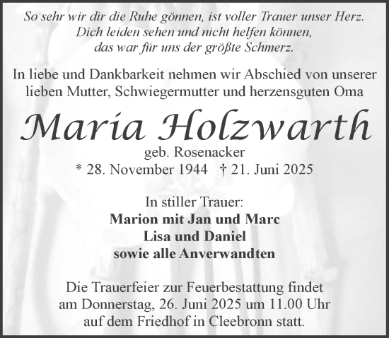 Traueranzeige von Maria Holzwarth von GESAMT