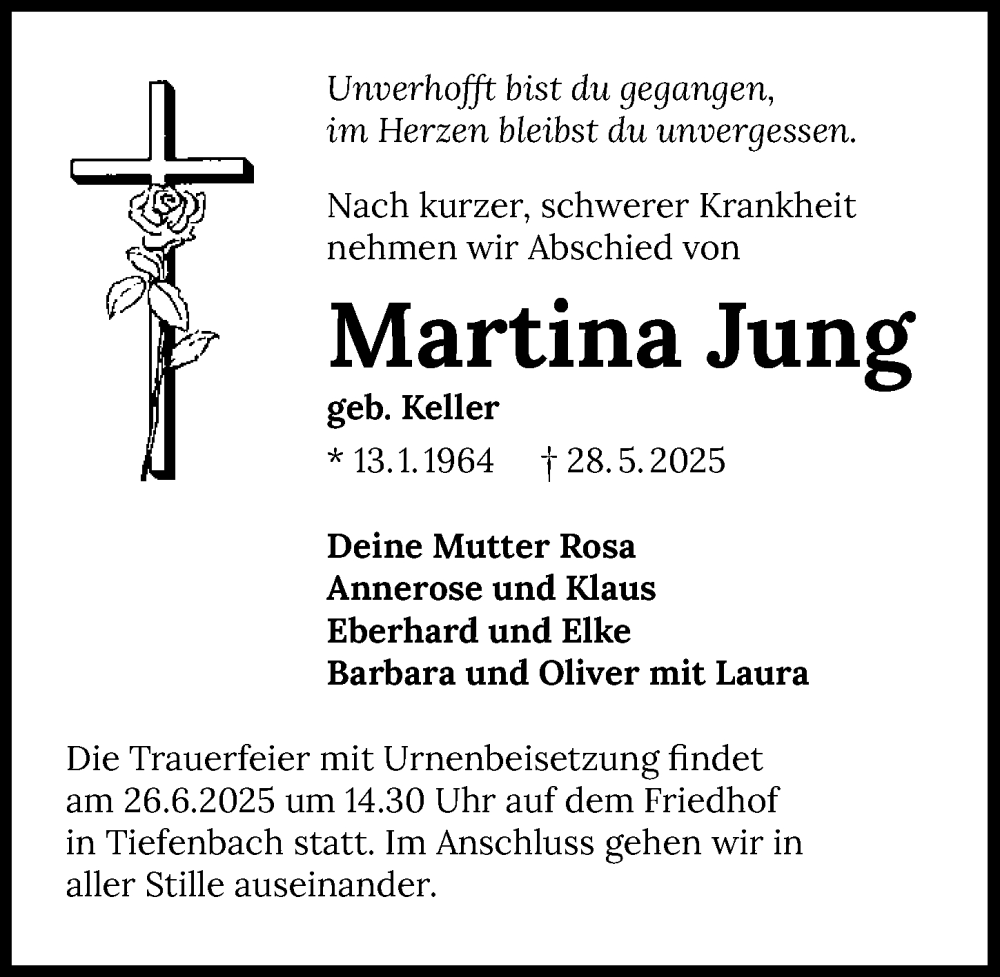 Traueranzeige für Martina Jung vom 14.06.2025 aus GESAMT