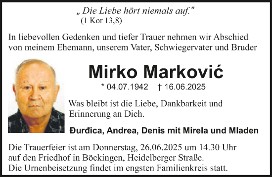 Traueranzeige von Mirko Markovic von GESAMT