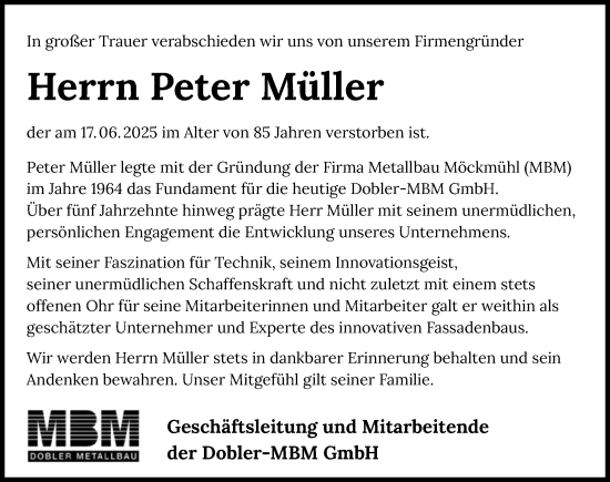 Traueranzeige von Peter Müller von GESAMT
