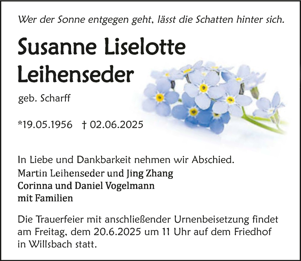  Traueranzeige für Susanne Liselotte Leihenseder vom 14.06.2025 aus GESAMT