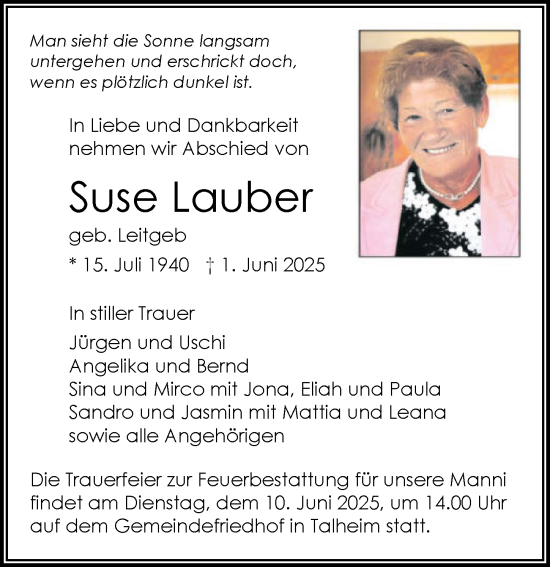 Traueranzeige von Suse Lauber von GESAMT