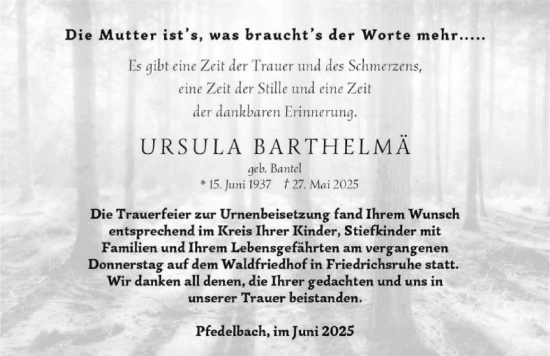 Traueranzeige von Ursula Barthelmä von GESAMT