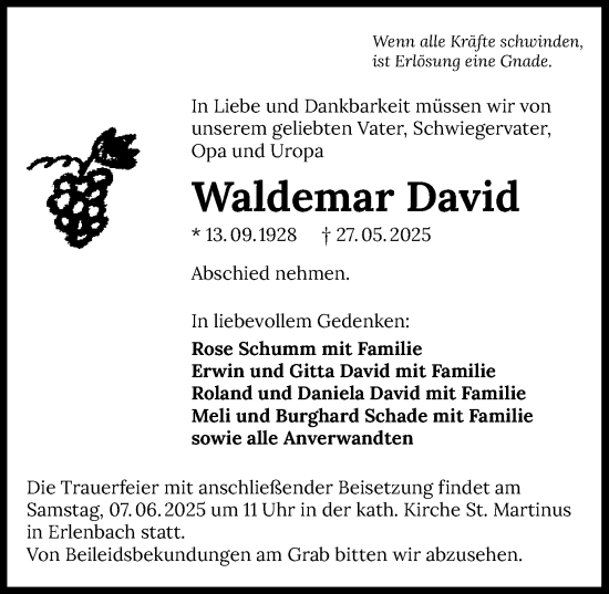 Traueranzeige von Waldemar David von GESAMT