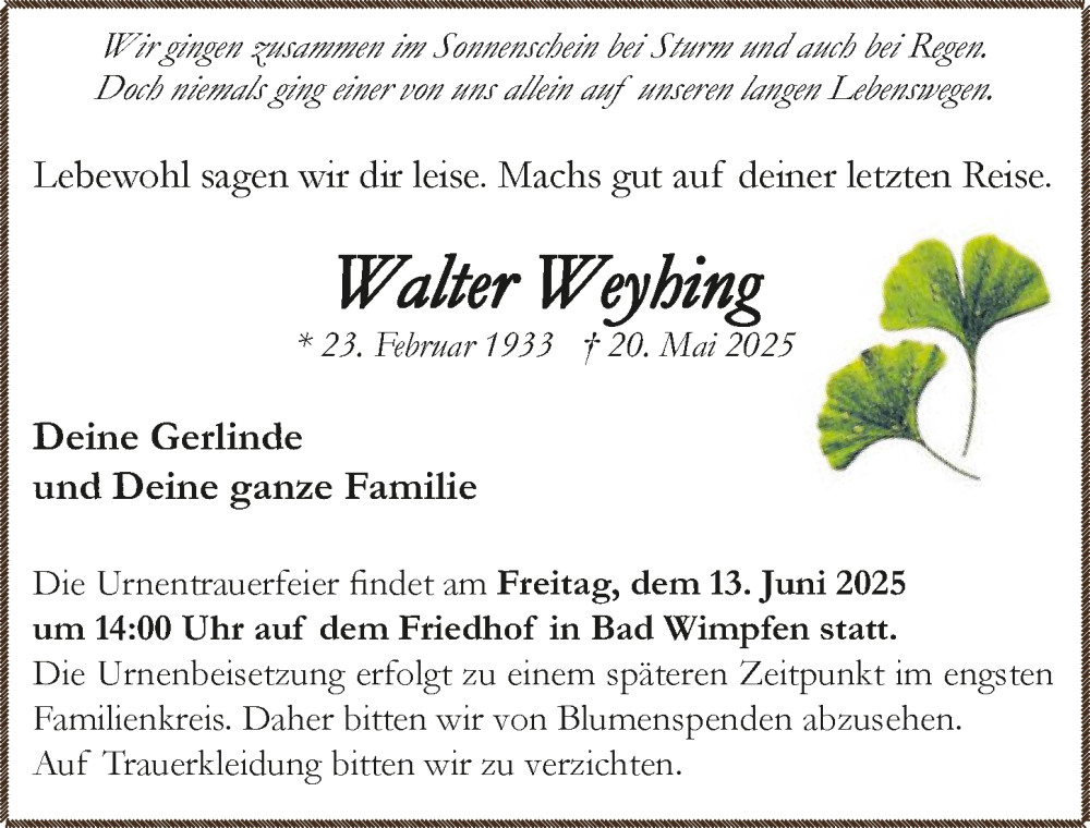  Traueranzeige für Walter Weyhing vom 07.06.2025 aus GESAMT