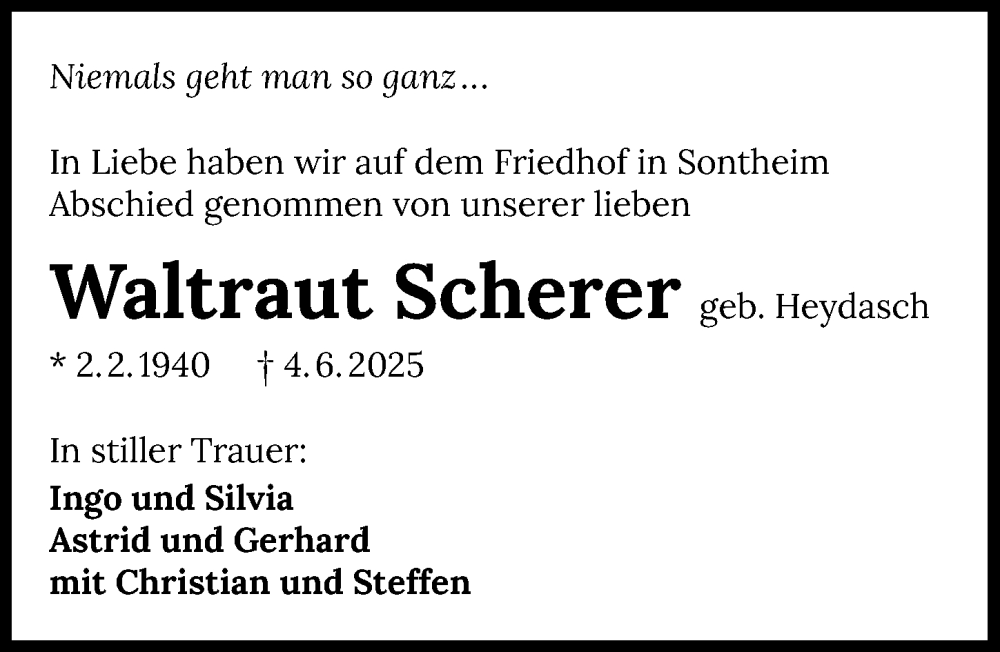  Traueranzeige für Waltraut Scherer vom 28.06.2025 aus GESAMT