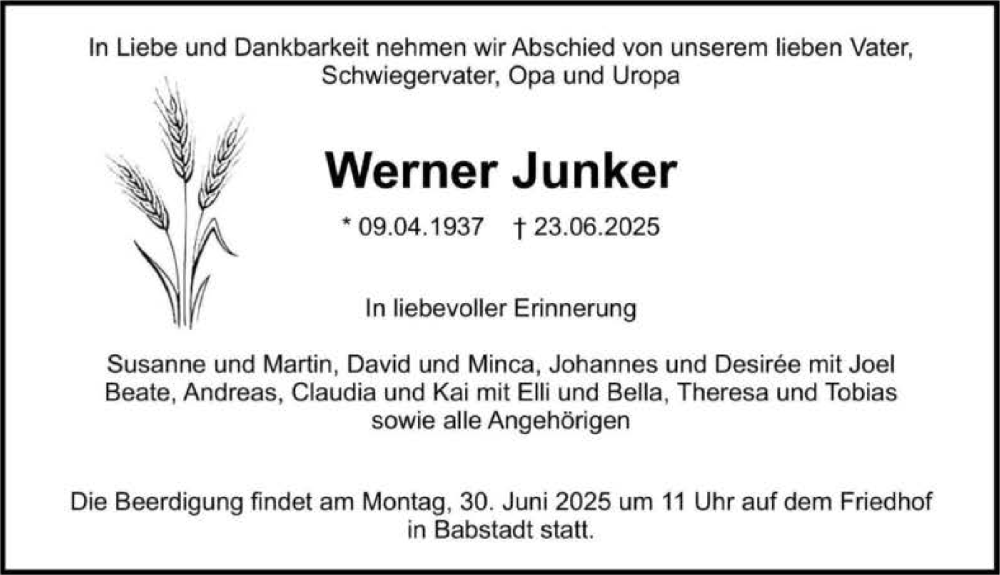  Traueranzeige für Werner Junker vom 27.06.2025 aus GESAMT