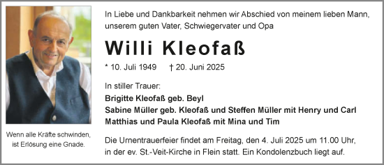 Traueranzeige von Willi Kleofaß von GESAMT