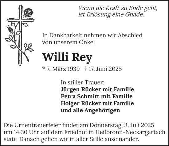 Traueranzeige von Willi Rey von GESAMT