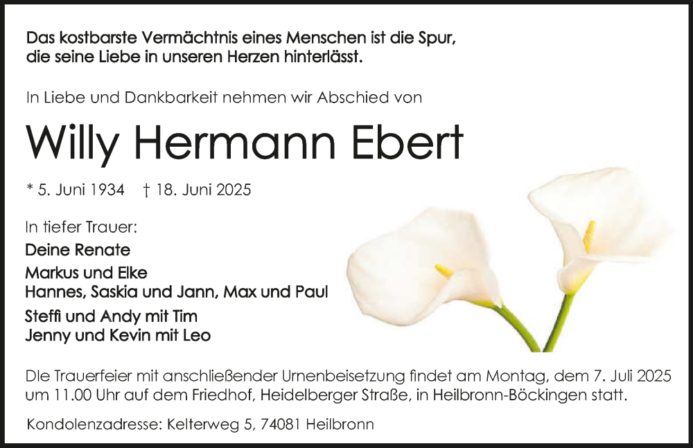  Traueranzeige für Willy Hermann Ebert vom 28.06.2025 aus GESAMT