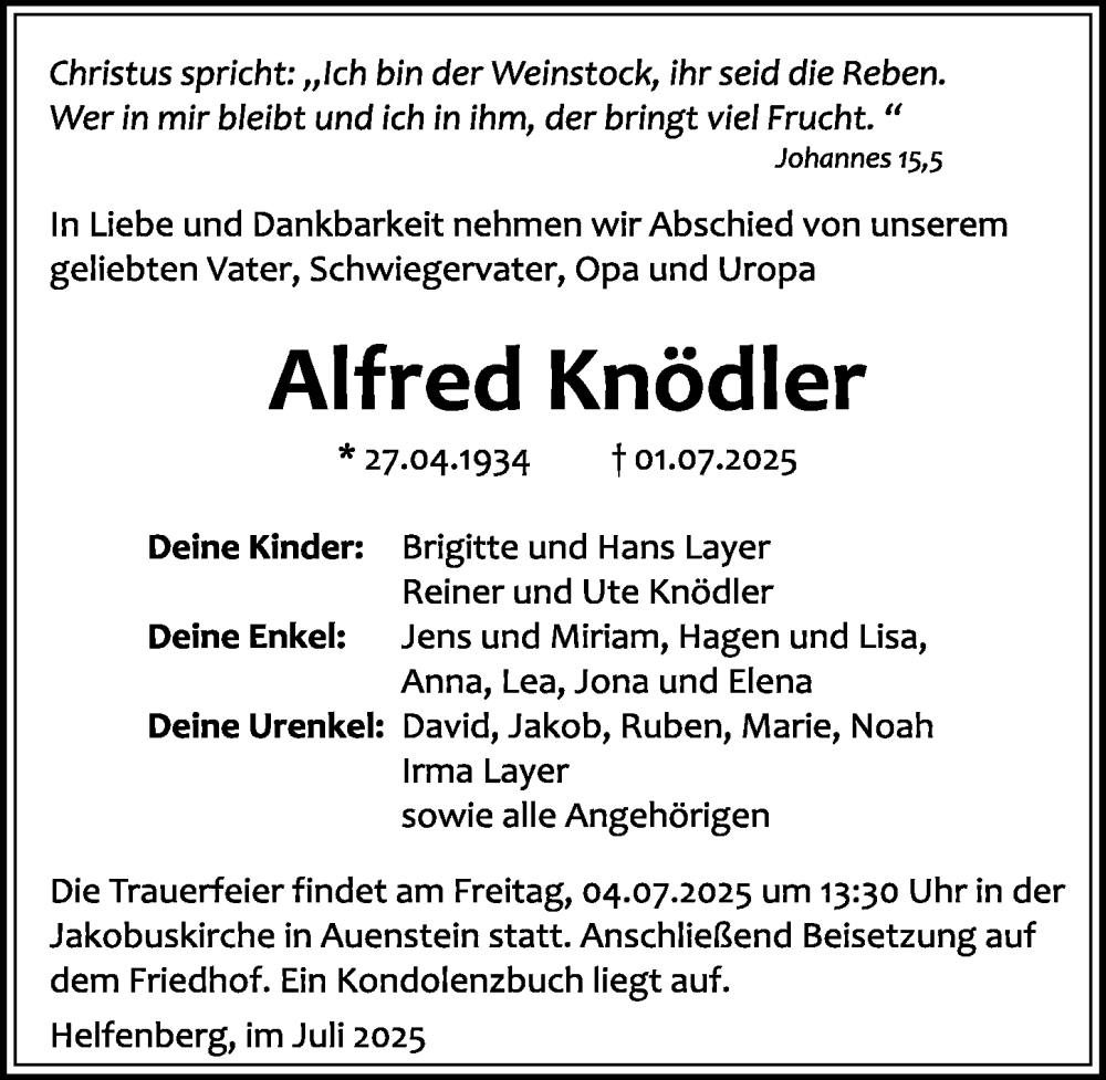  Traueranzeige für Alfred Knödler vom 03.07.2025 aus GESAMT