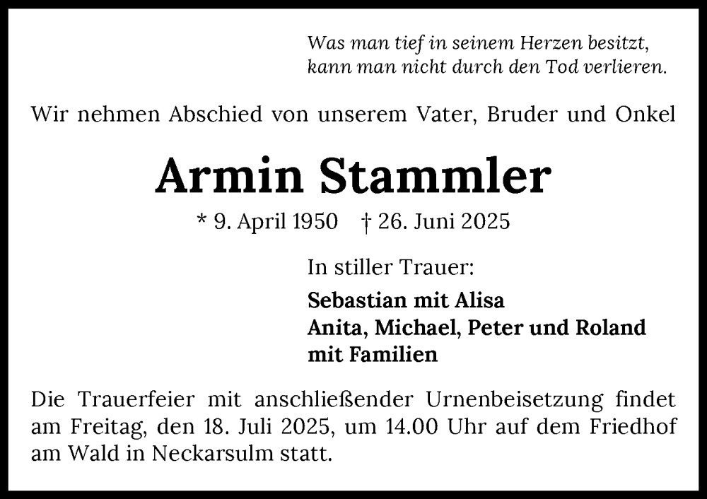  Traueranzeige für Armin Stammler vom 12.07.2025 aus GESAMT