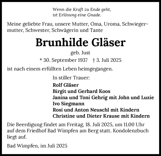 Traueranzeige von Brunhilde Gläser von GESAMT