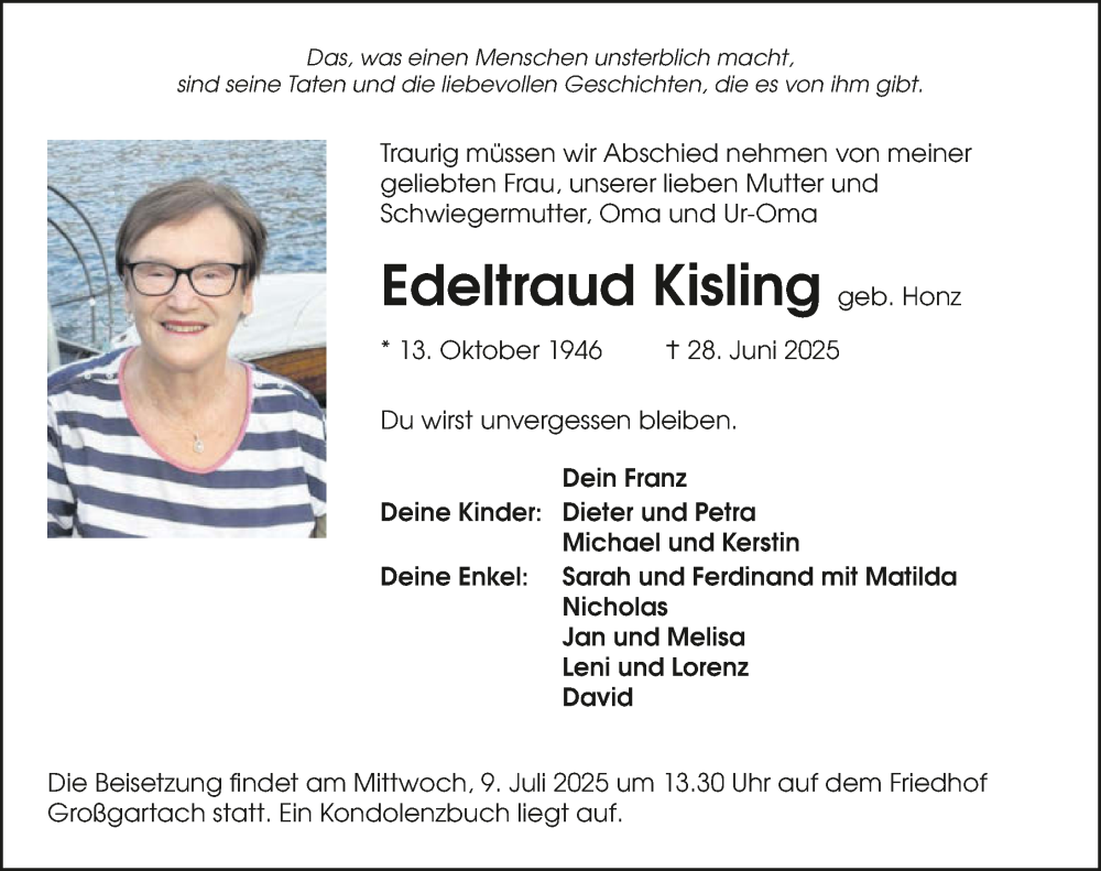  Traueranzeige für Edeltraud Kisling vom 05.07.2025 aus GESAMT