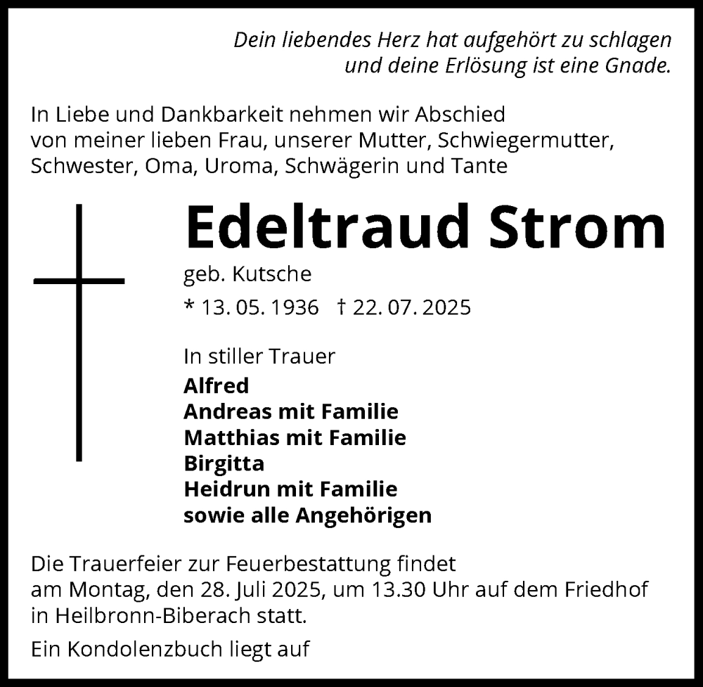  Traueranzeige für Edeltraud Strom vom 24.07.2025 aus GESAMT
