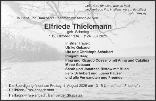 Traueranzeige von Elfriede Thielemann von GESAMT