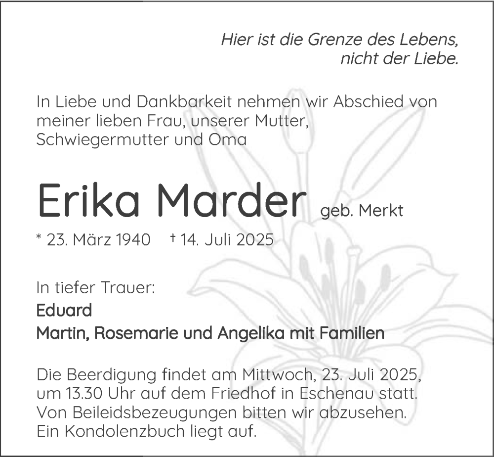  Traueranzeige für Erika Marder vom 19.07.2025 aus GESAMT