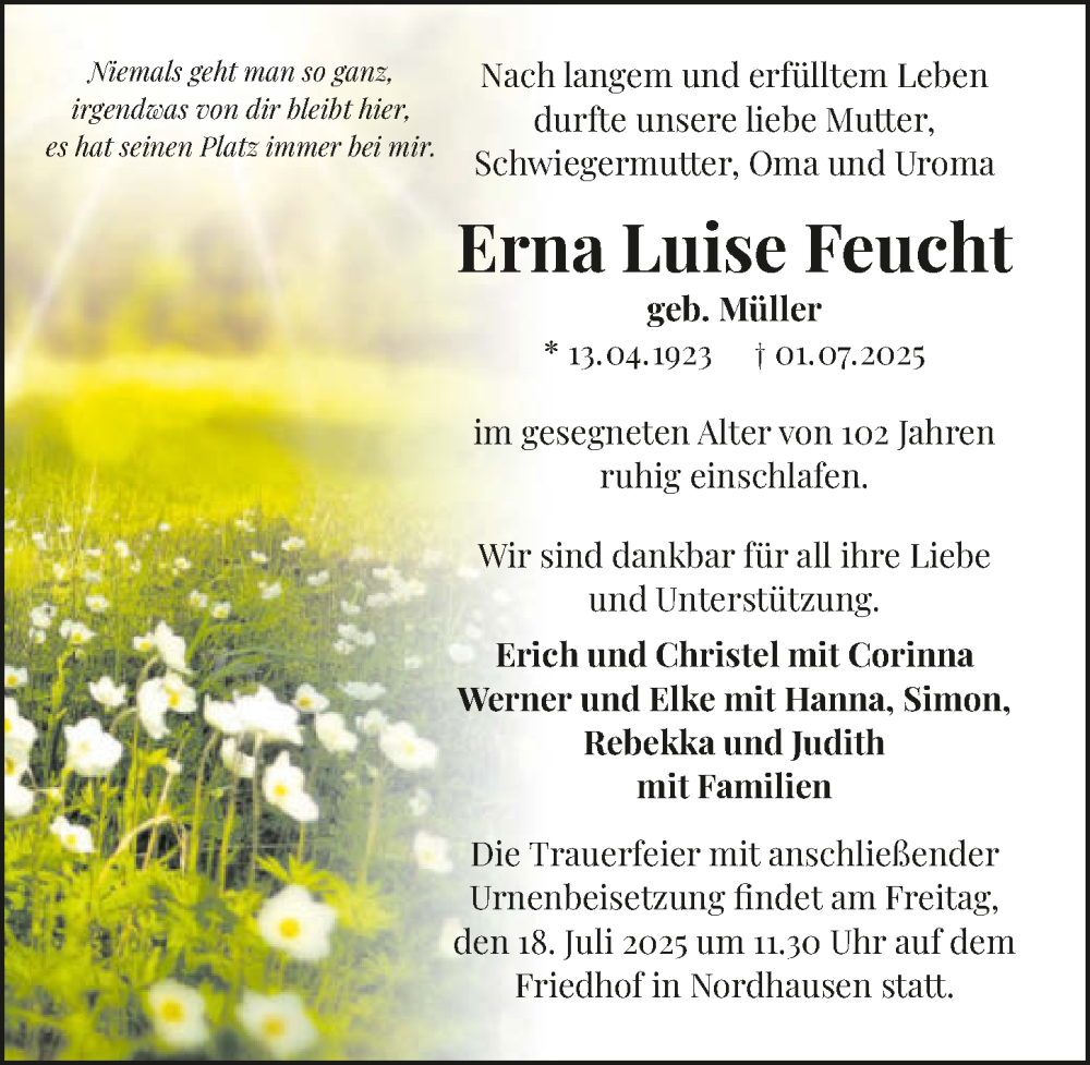  Traueranzeige für Erna Luise Feucht vom 12.07.2025 aus GESAMT