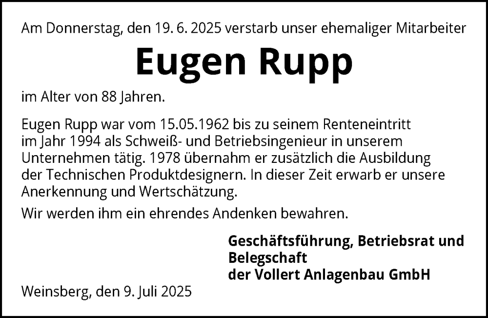  Traueranzeige für Eugen Rupp vom 09.07.2025 aus GESAMT