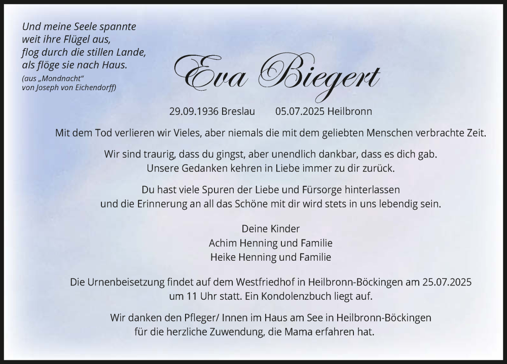  Traueranzeige für Eva Biegert vom 19.07.2025 aus GESAMT