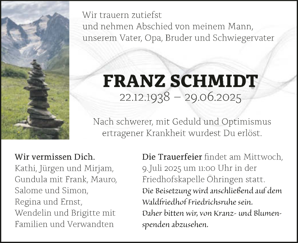  Traueranzeige für Franz Schmidt vom 05.07.2025 aus GESAMT