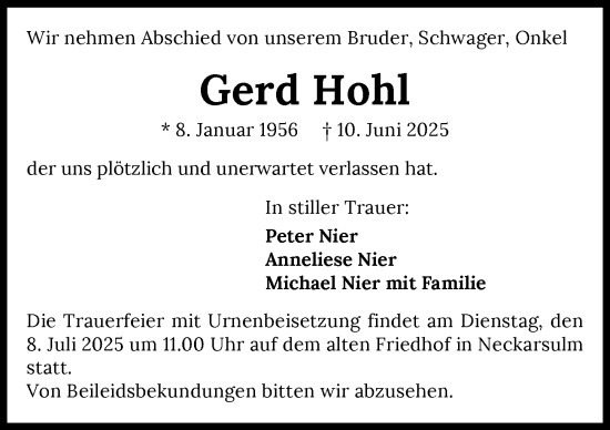 Traueranzeige von Gerd Hohl von GESAMT
